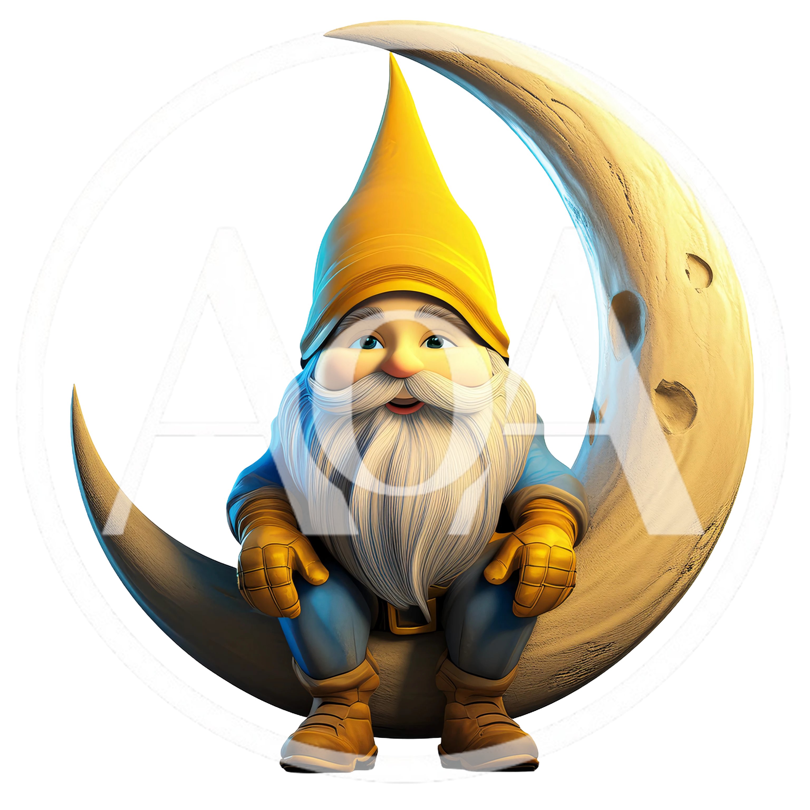 Cute Garden Gnome Sitting On A Crescent Moon