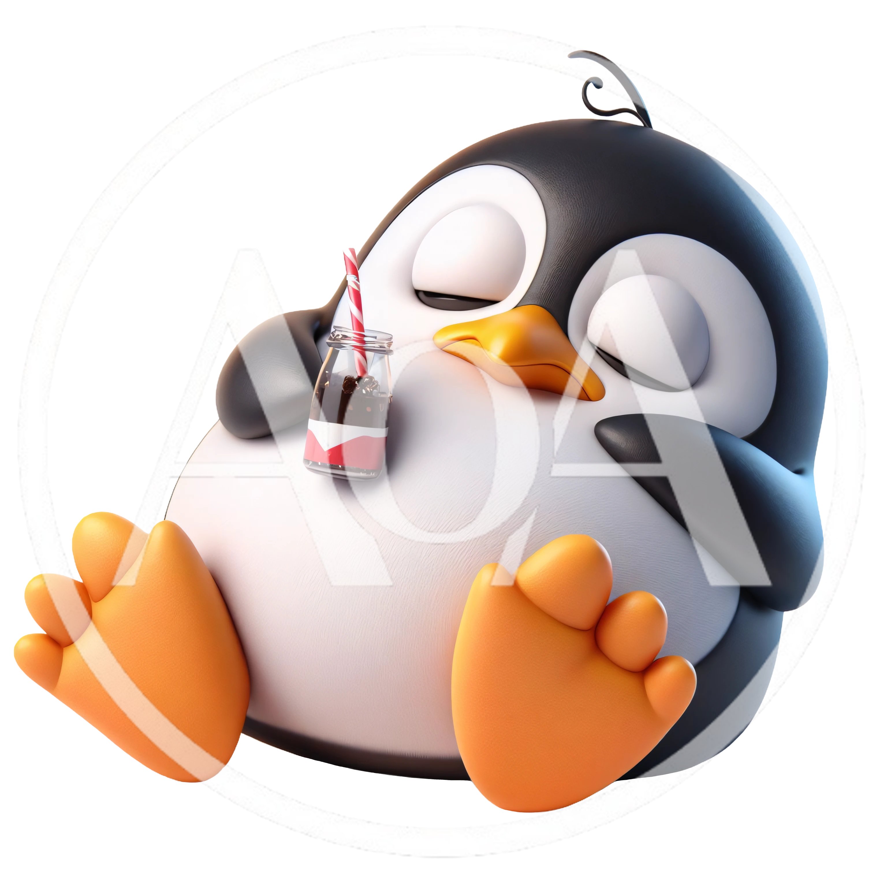 Cute 3D Cartoon Penguin Sleeping With A Drink