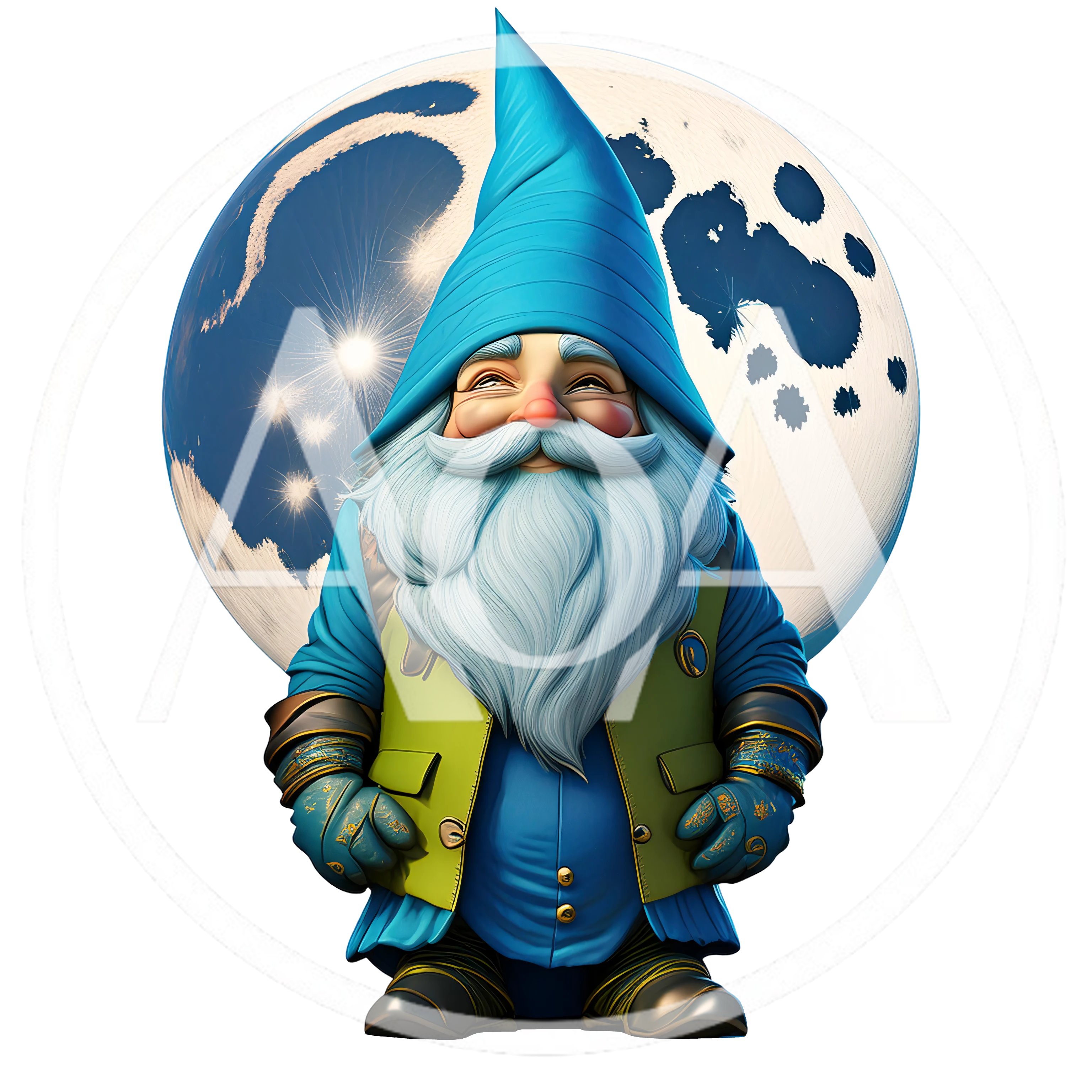Whimsical Garden Gnome Standing Before A Full Moon