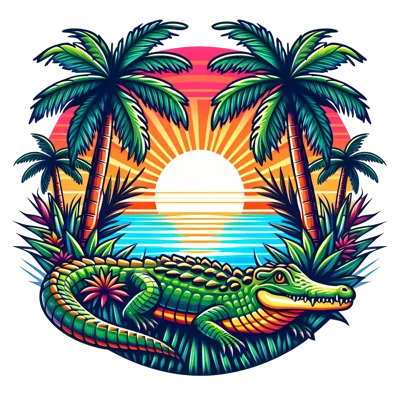 Tropical Alligator Illustration With Palm Trees And Sunset