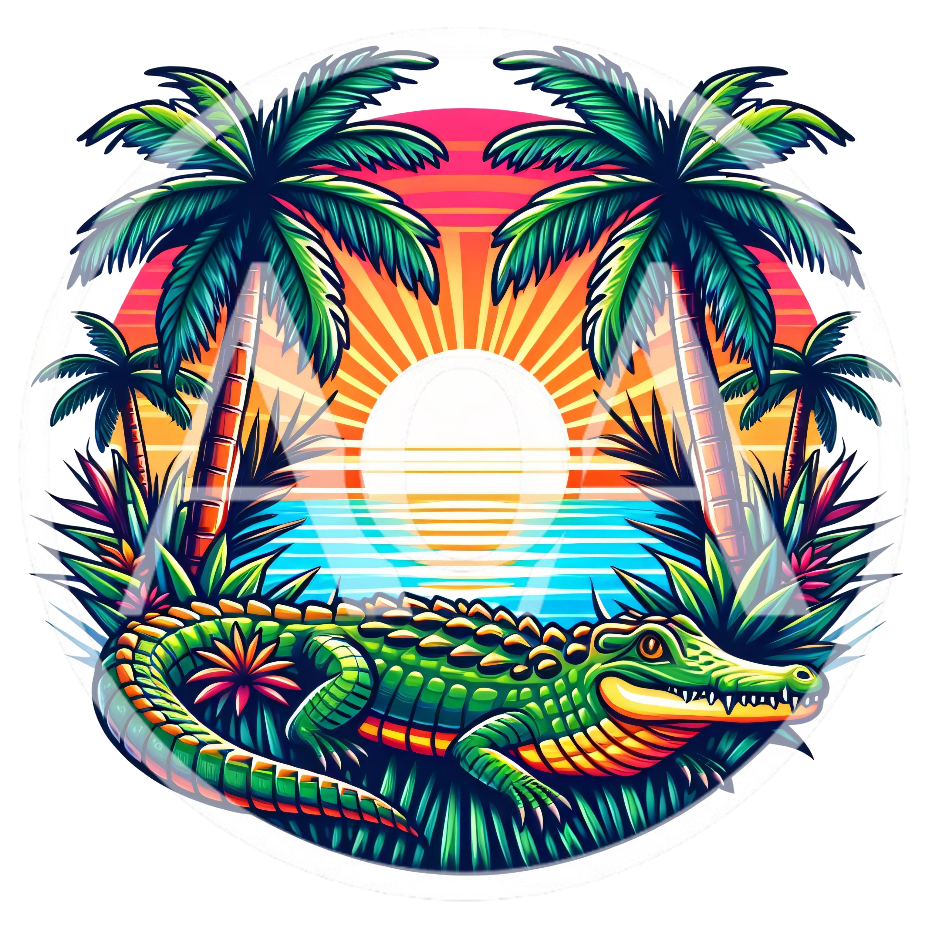 Tropical Alligator Illustration With Palm Trees And Sunset
