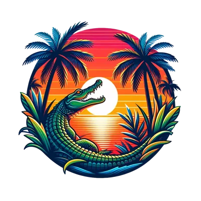 Alligator Resting In Tropical Sunset Landscape Illustration