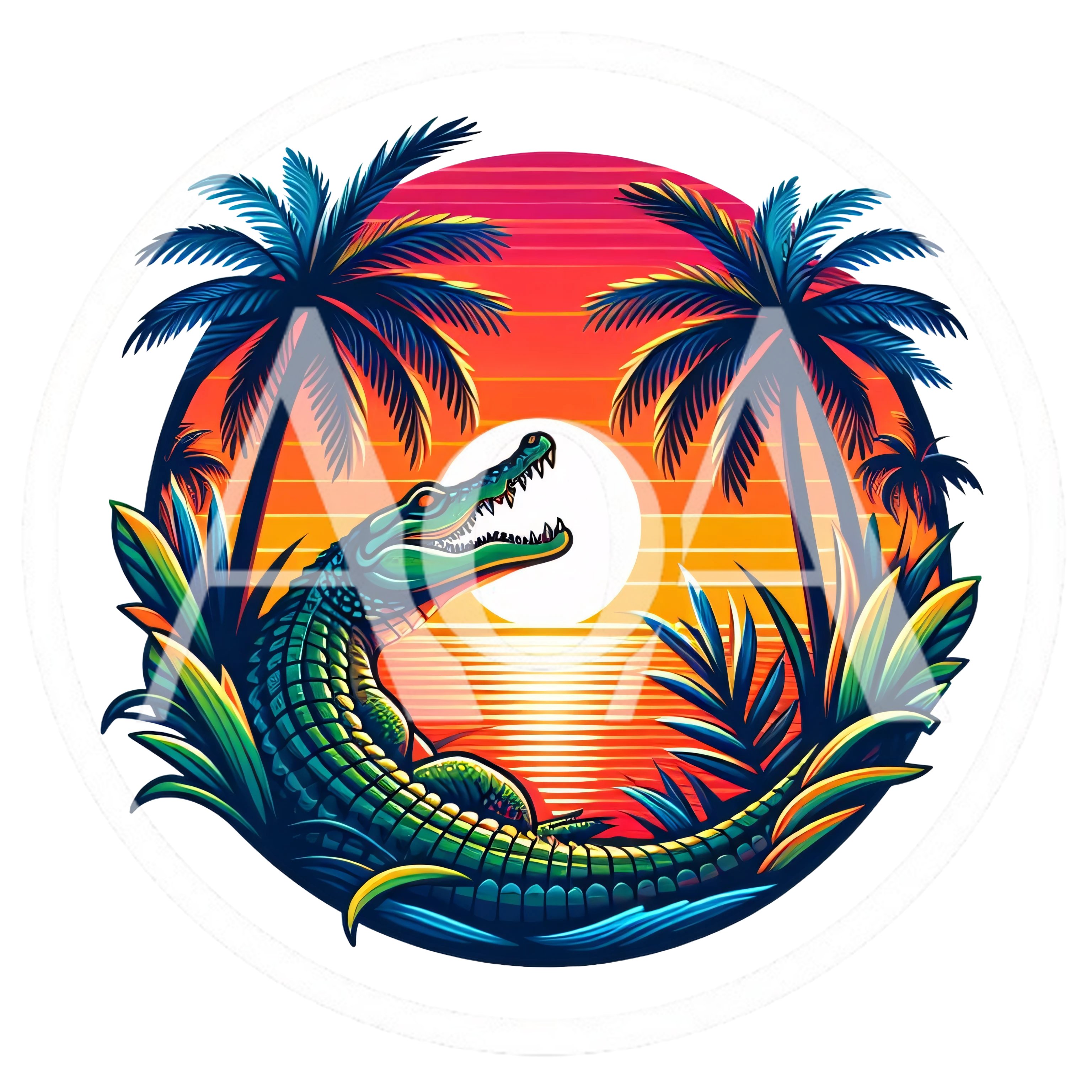 Alligator Resting In Tropical Sunset Landscape Illustration