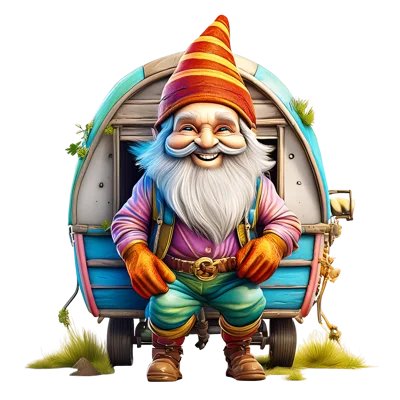 Cheerful Garden Gnome Standing In Front Of A Caravan