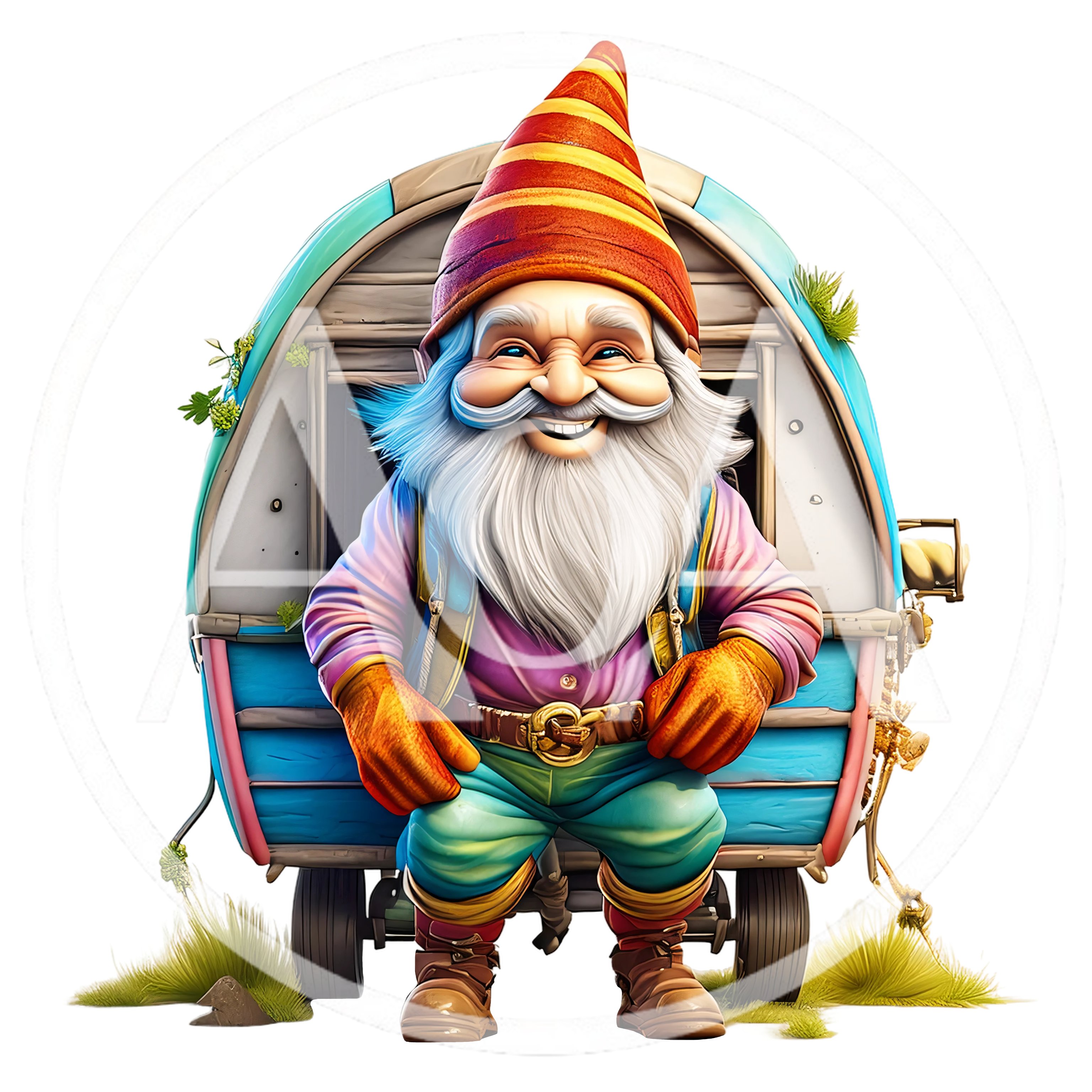 Cheerful Garden Gnome Standing In Front Of A Caravan