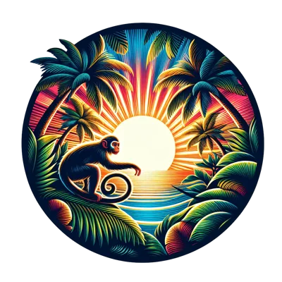 Monkey Sitting In Tropical Jungle At Sunset