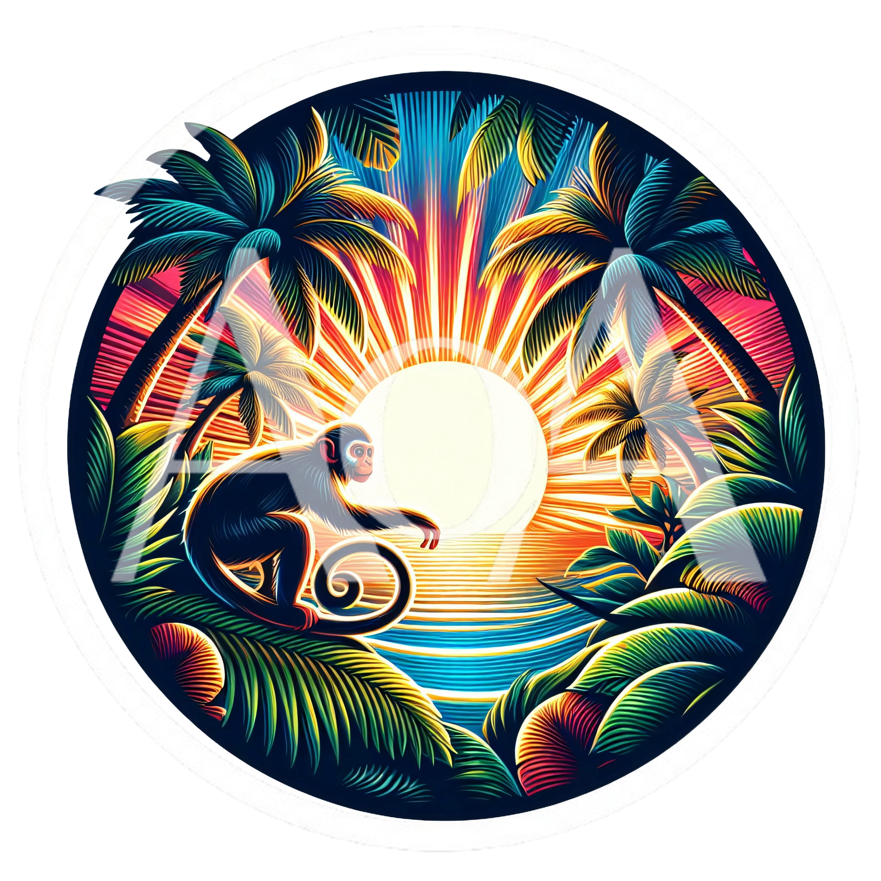 Monkey Sitting In Tropical Jungle At Sunset