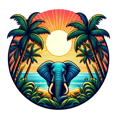 Stylized Elephant Portrait Against Tropical Sunset Background