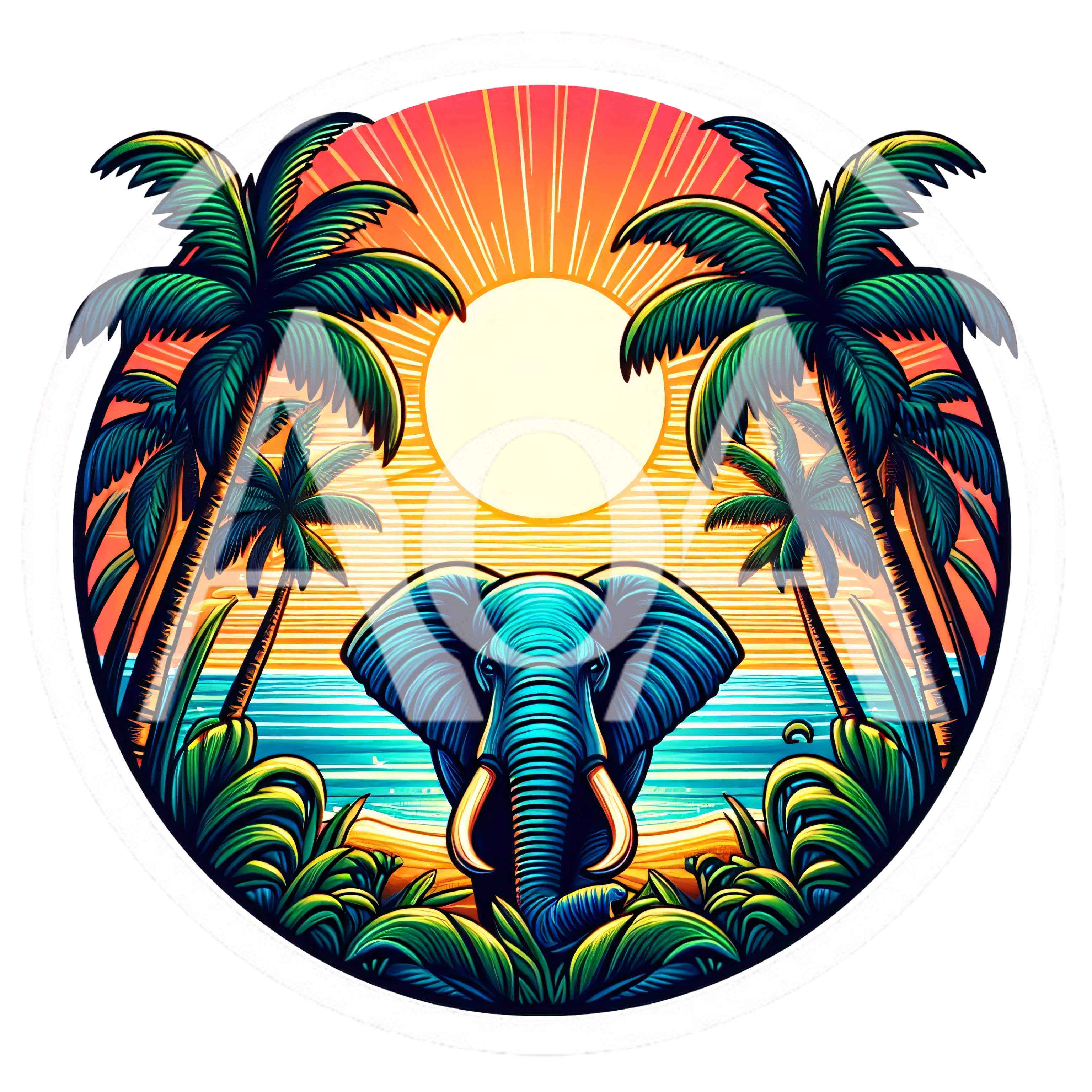 Stylized Elephant Portrait Against Tropical Sunset Background