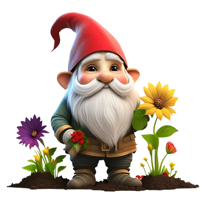 Cute Garden Gnome Holding Flowers In A Sunny Garden