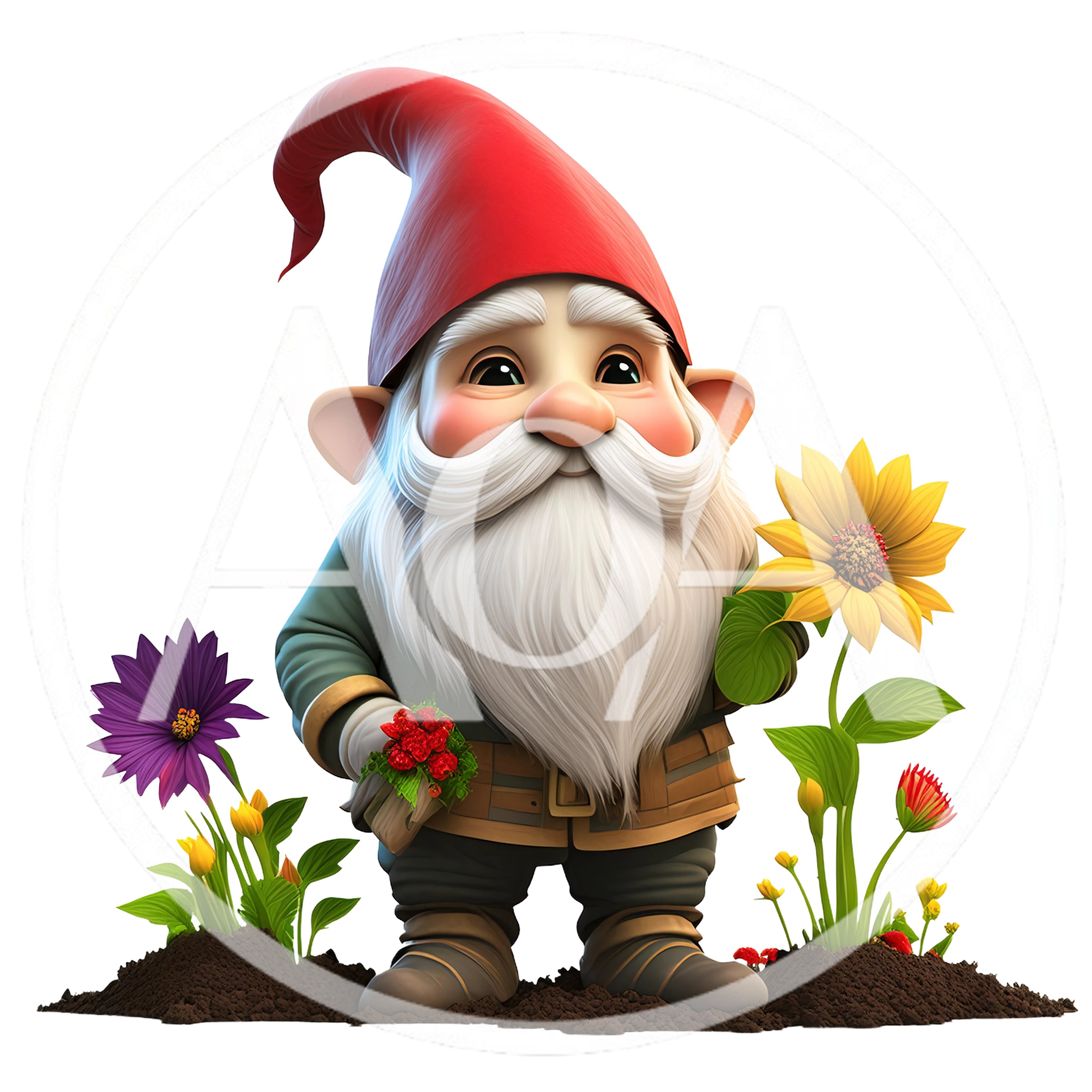 Cute Garden Gnome Holding Flowers In A Sunny Garden
