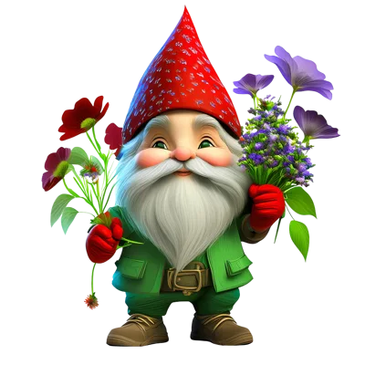 Cute Garden Gnome Holding Bouquets Of Flowers