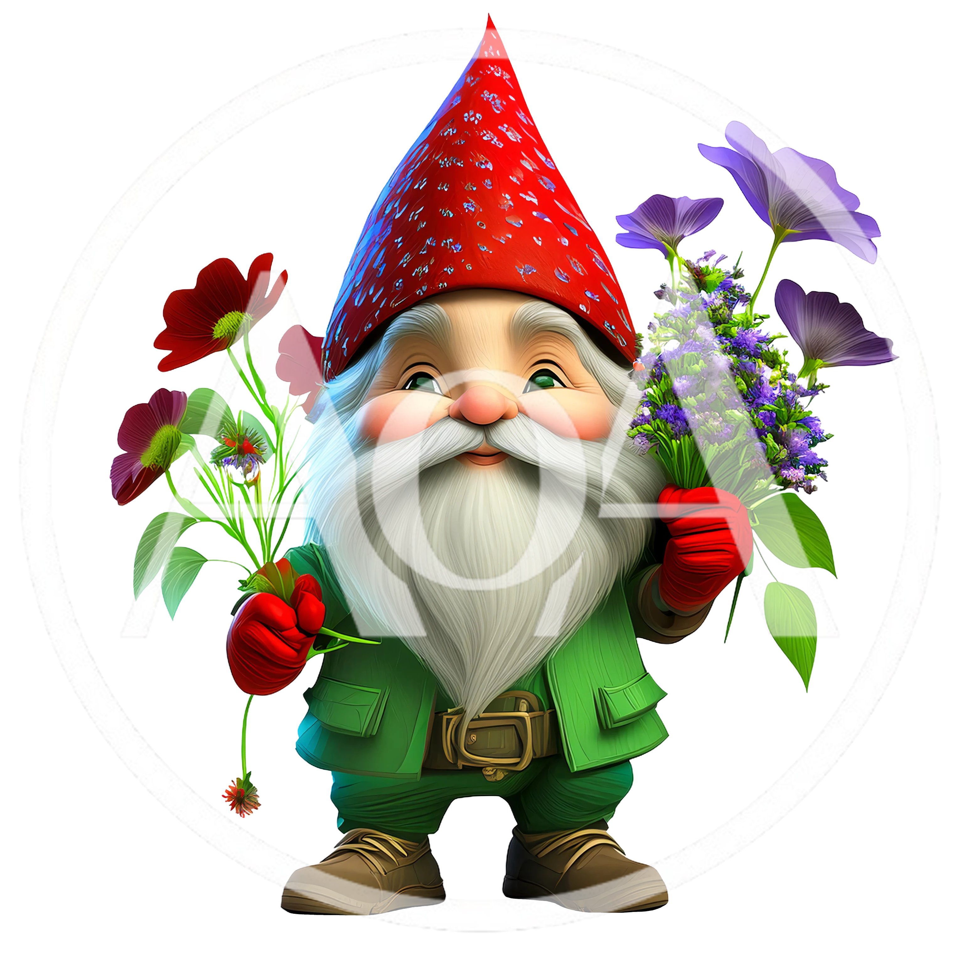 Cute Garden Gnome Holding Bouquets Of Flowers