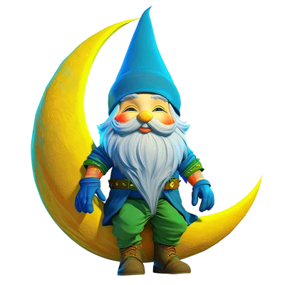 Cheerful Garden Gnome Sitting On A Crescent Moon