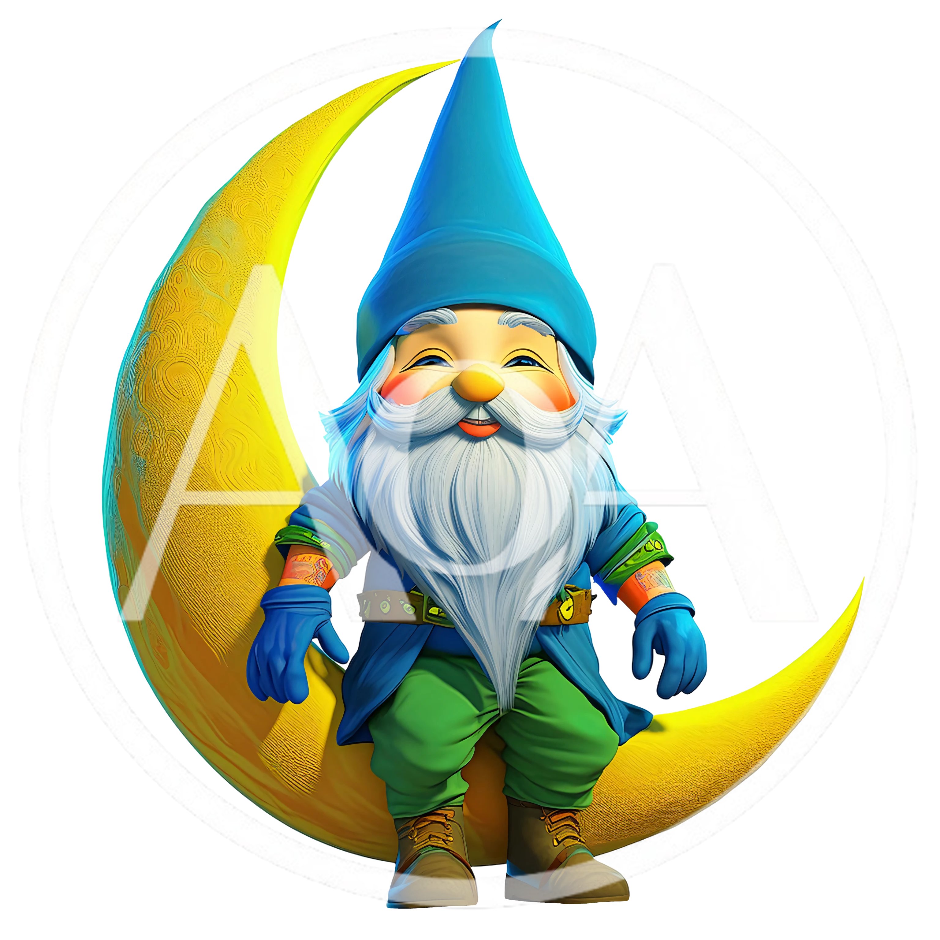 Cheerful Garden Gnome Sitting On A Crescent Moon