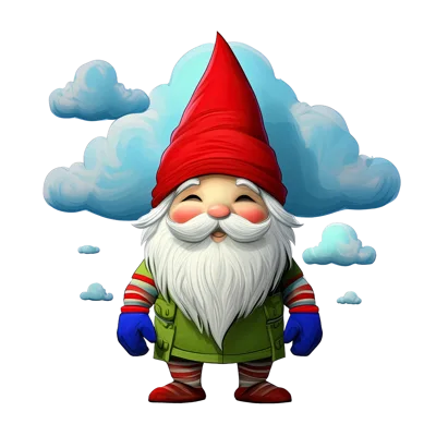 Cute Garden Gnome With Red Hat And Clouds