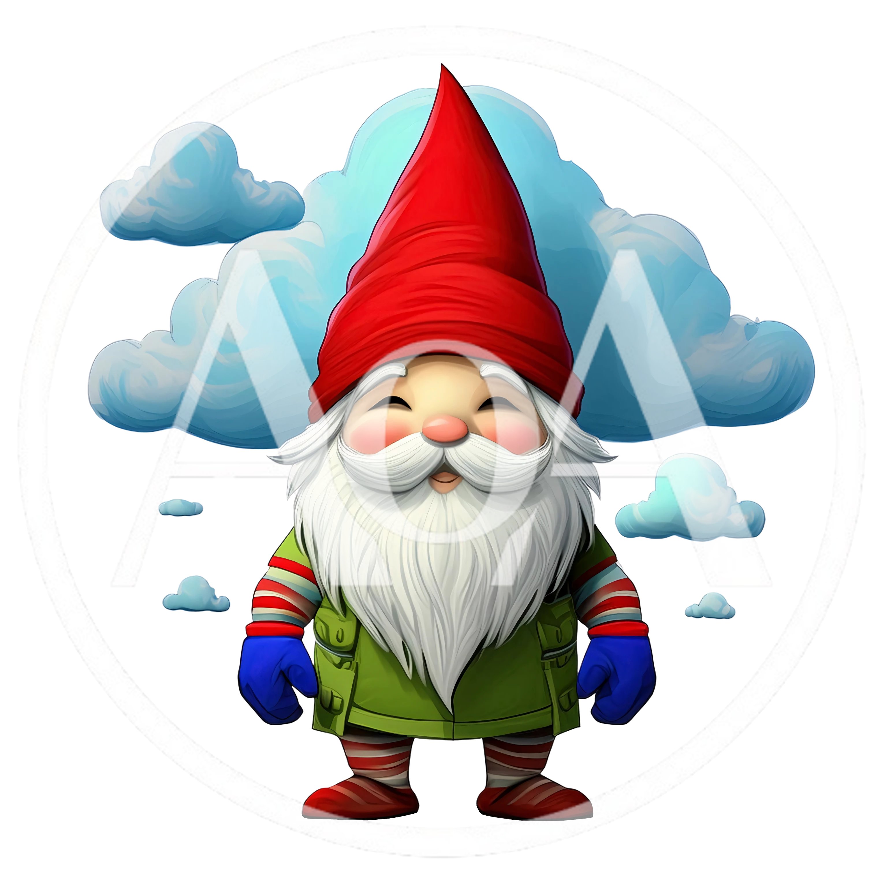 Cute Garden Gnome With Red Hat And Clouds