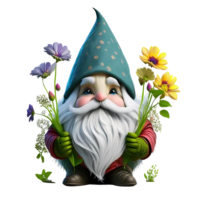 Cute Garden Gnome Holding Colorful Wildflowers