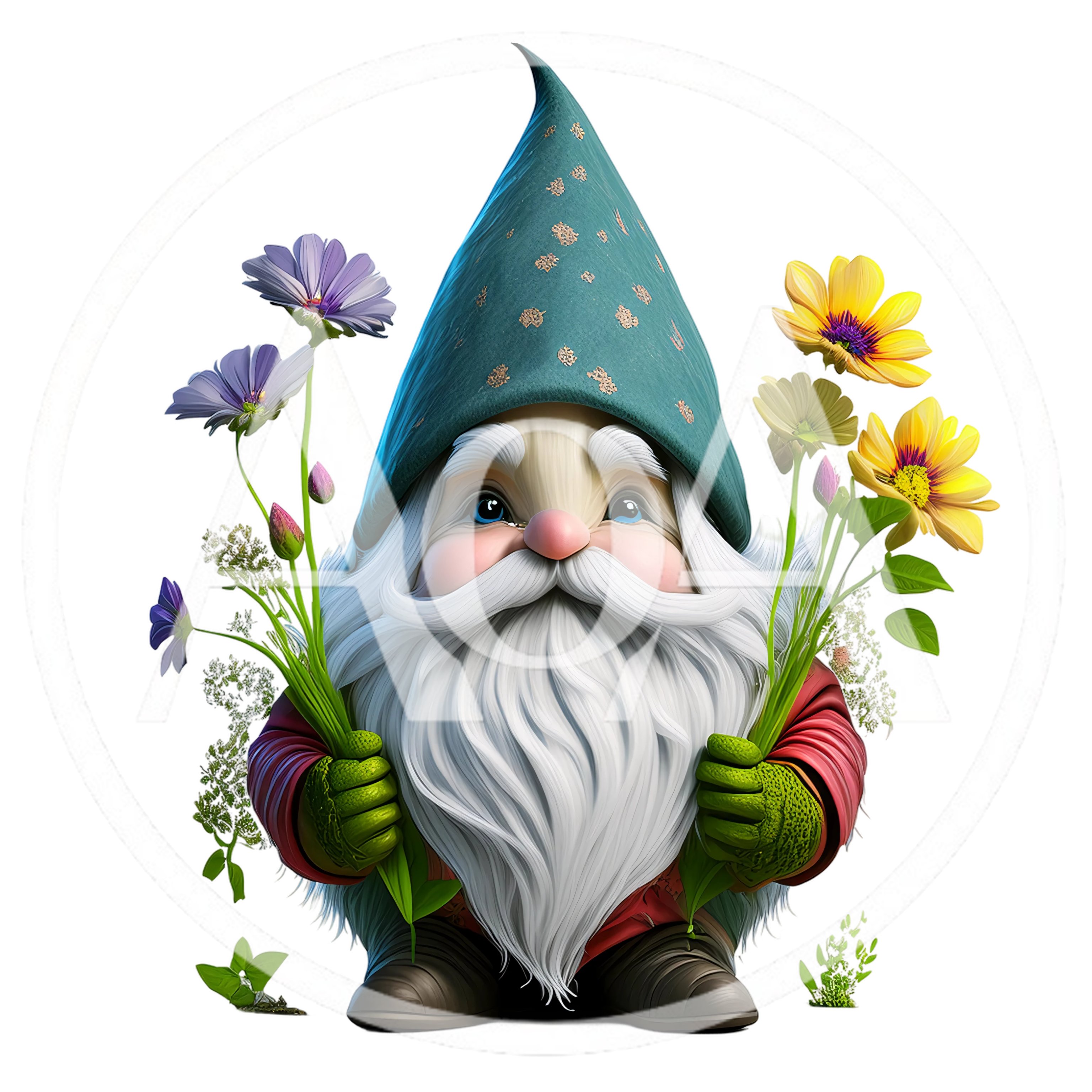 Cute Garden Gnome Holding Colorful Wildflowers