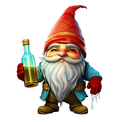 Cheerful Garden Gnome Holding A Glass Bottle
