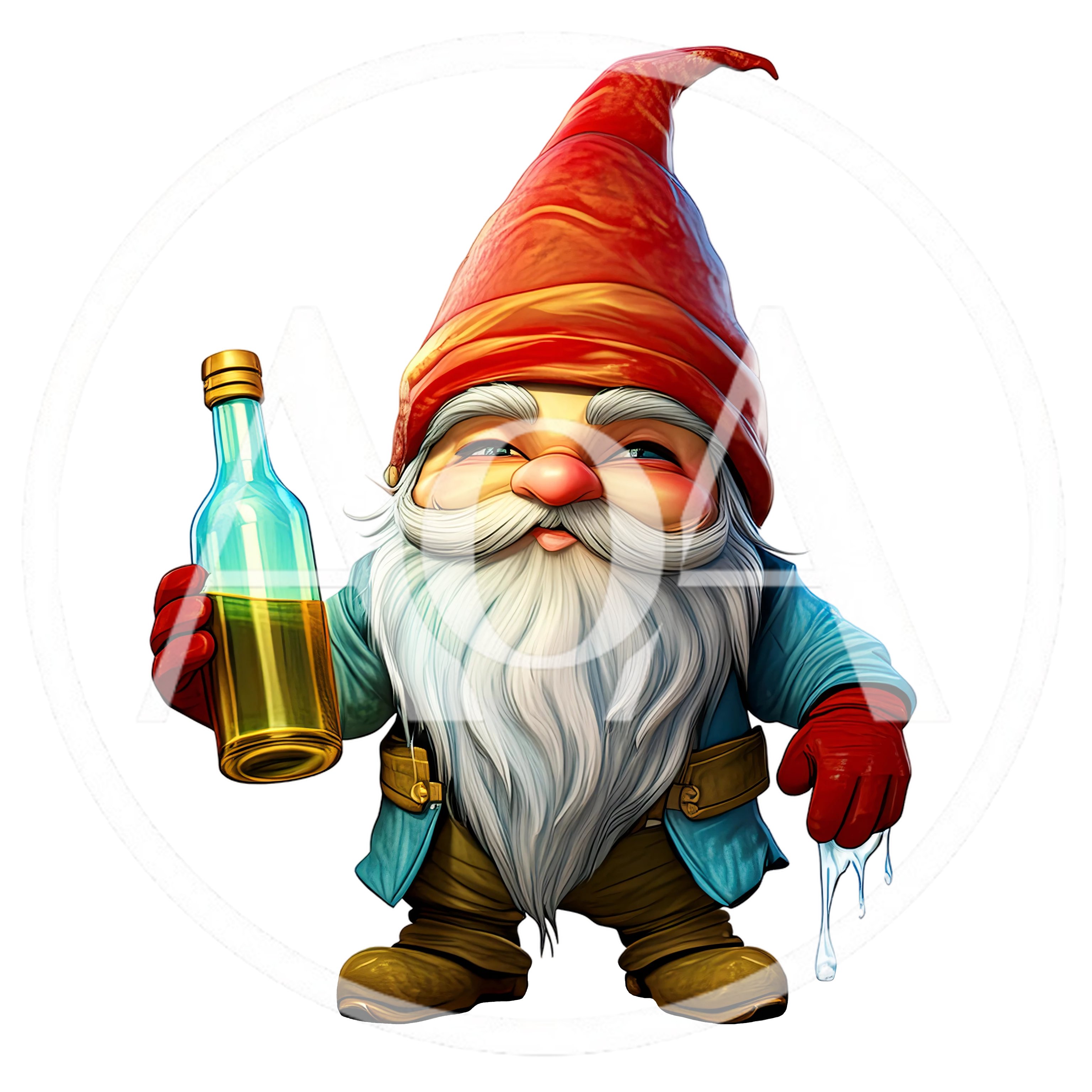 Cheerful Garden Gnome Holding A Glass Bottle