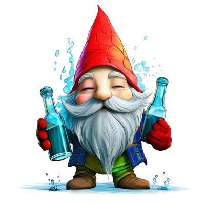 Cheerful Garden Gnome Holding Two Blue Glass Bottles