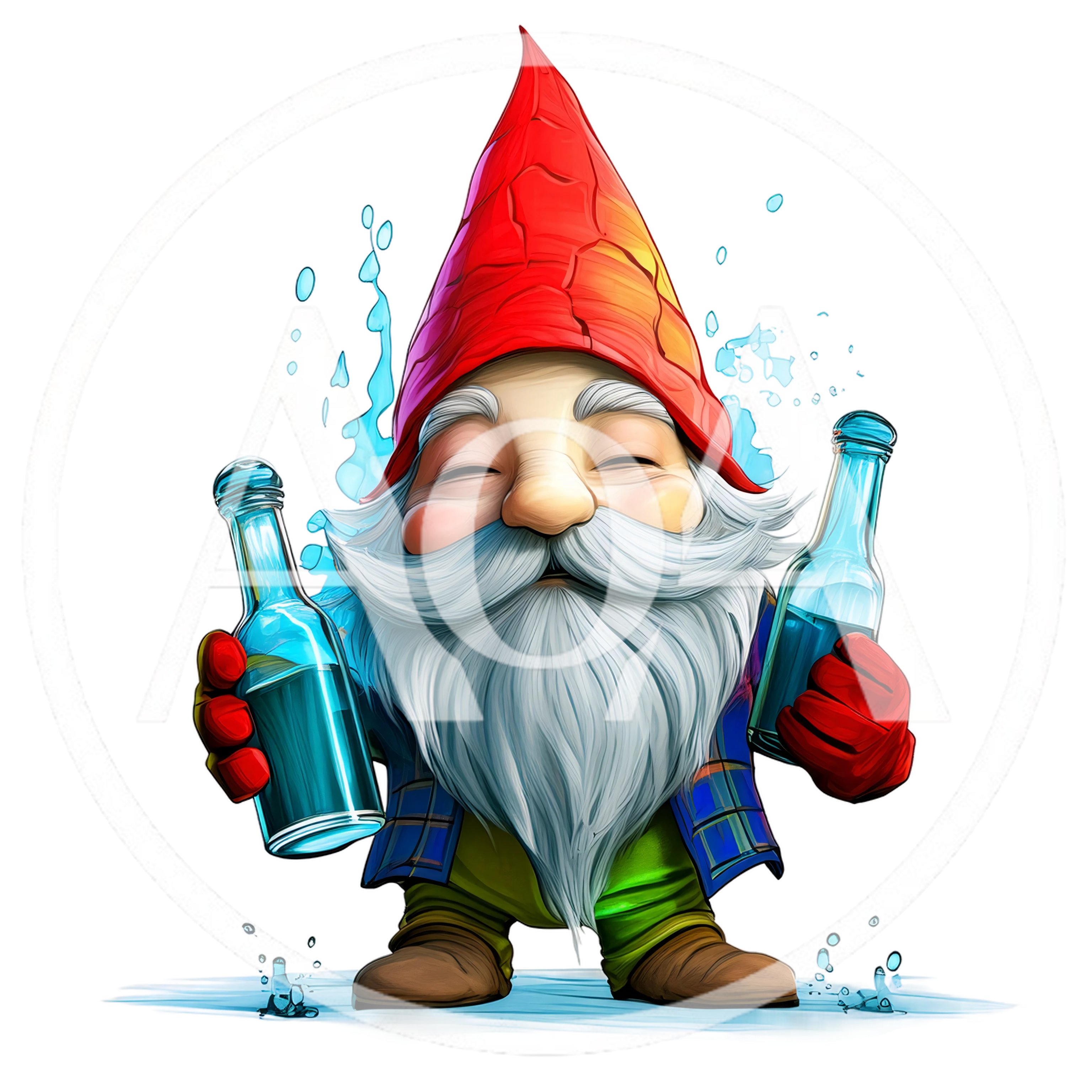 Cheerful Garden Gnome Holding Two Blue Glass Bottles