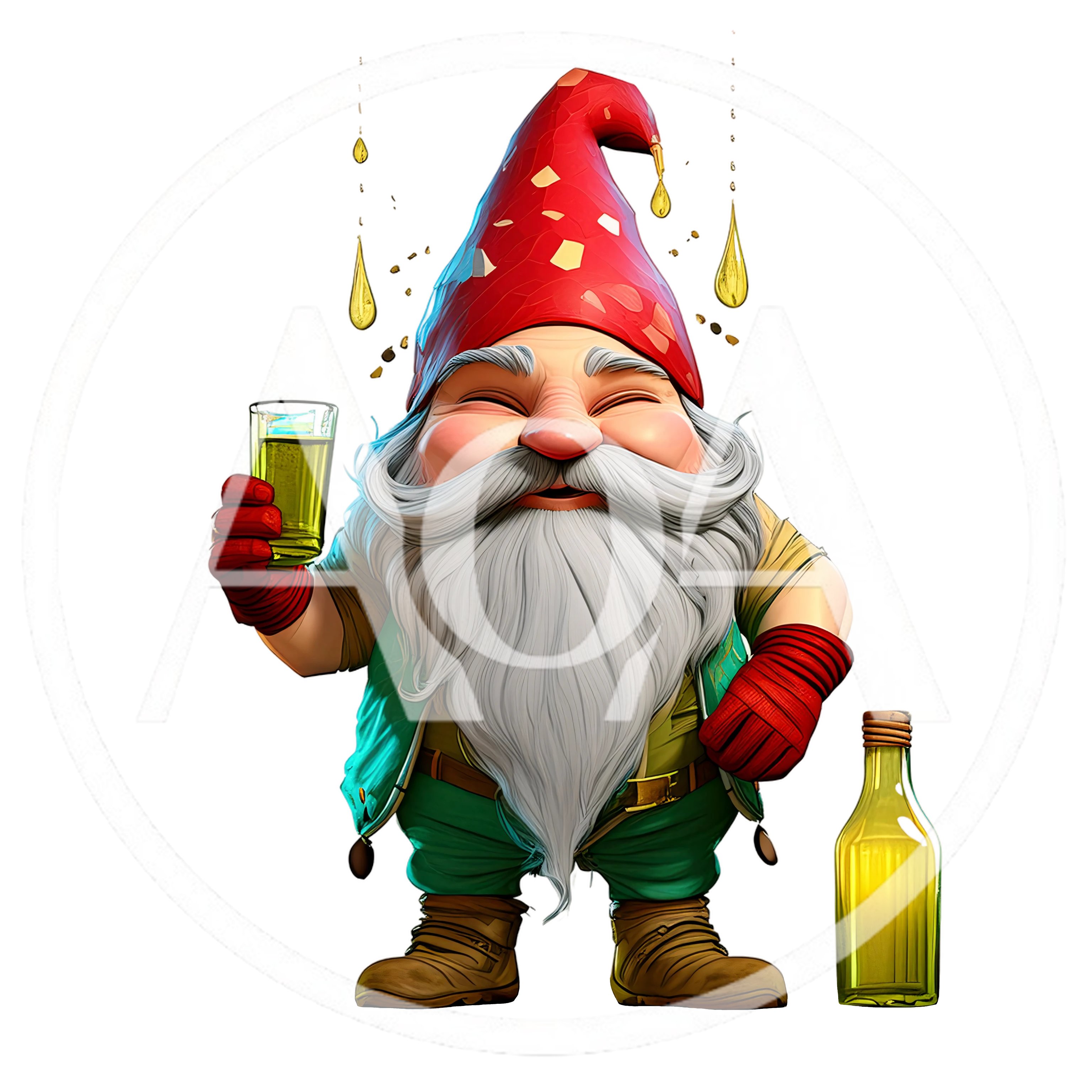 Cheerful Garden Gnome Holding A Glass Of Golden Liquid