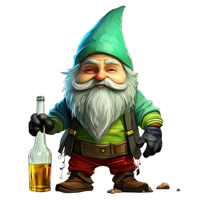 Drunken Garden Gnome Holding A Glass Bottle
