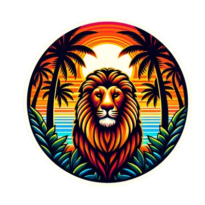 Lion Head Portrait With Tropical Sunset Background