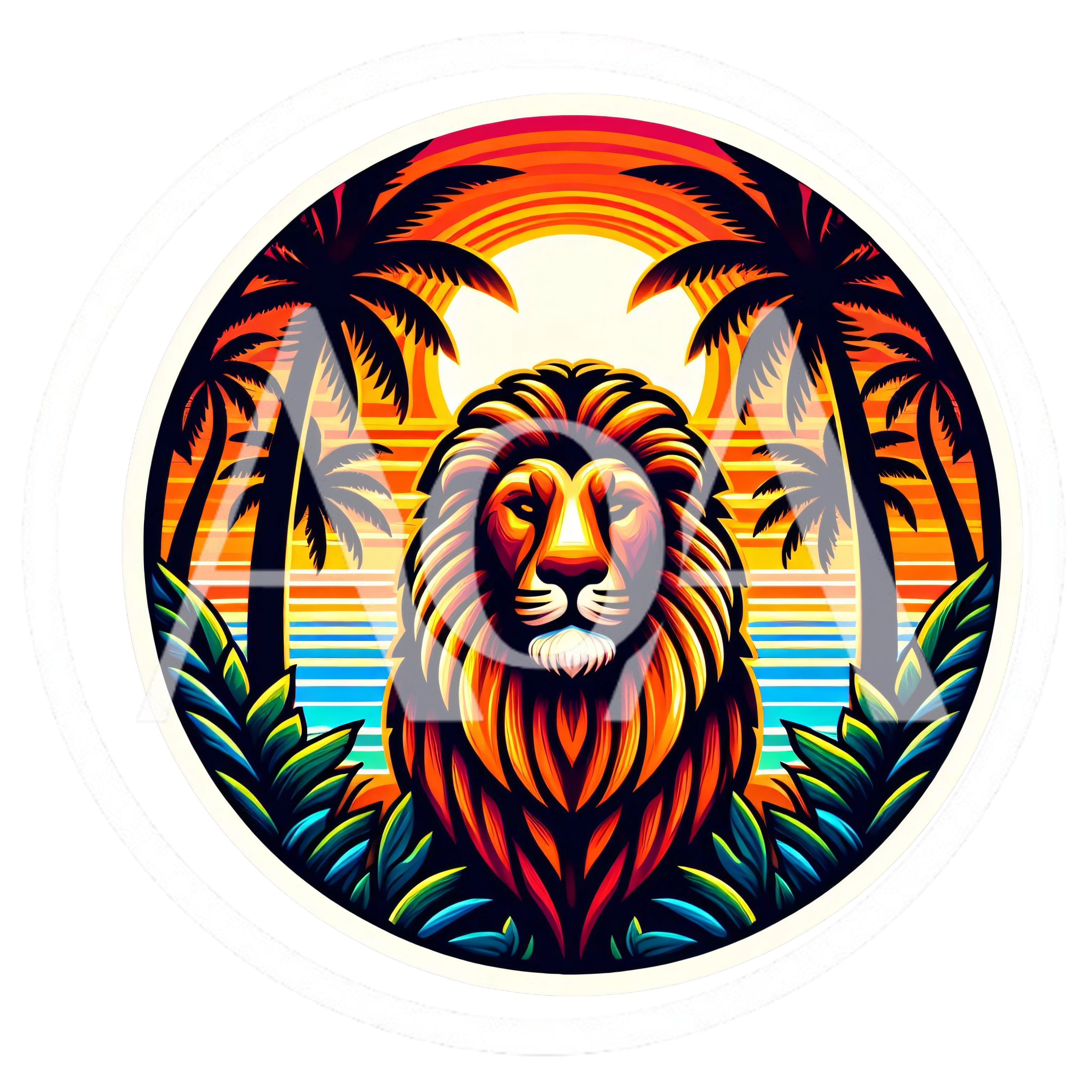 Lion Head Portrait With Tropical Sunset Background