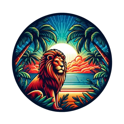 Majestic Lion Sitting On A Tropical Beach At Sunset