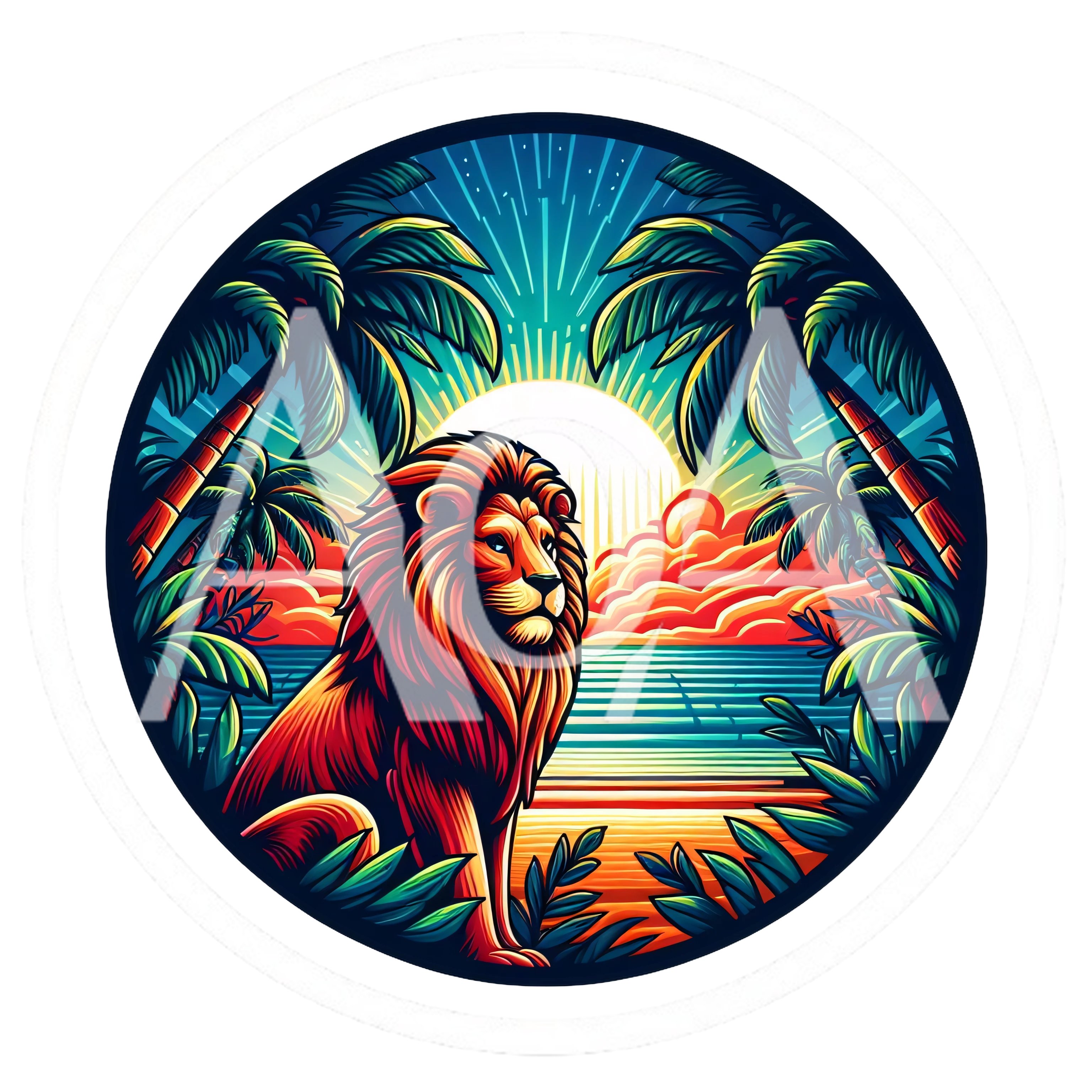 Majestic Lion Sitting On A Tropical Beach At Sunset
