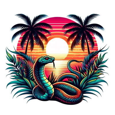 Synthwave Style Snake Illustration With Tropical Sunset