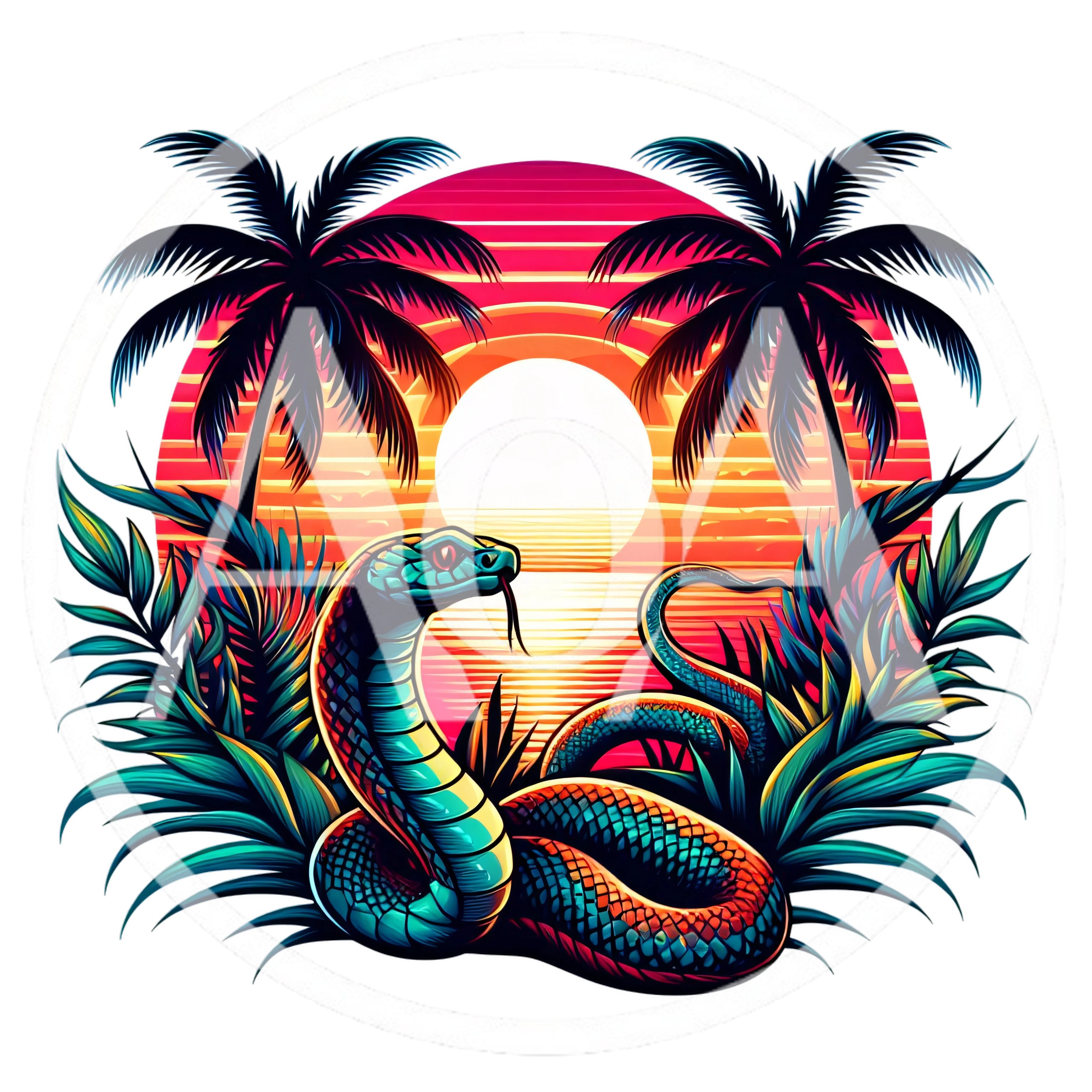Synthwave Style Snake Illustration With Tropical Sunset