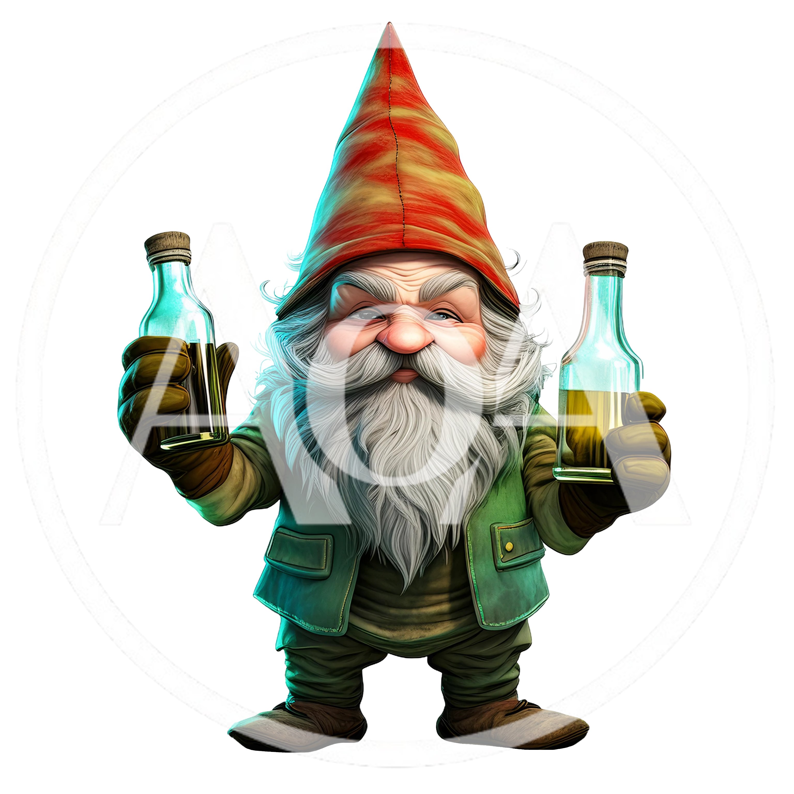 Fantasy Garden Gnome Holding Two Glass Bottles
