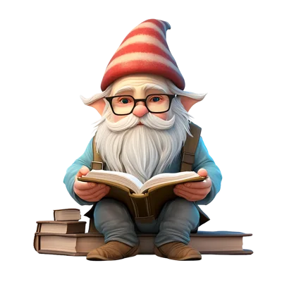 Garden Gnome Reading A Book While Sitting On Stacked Books