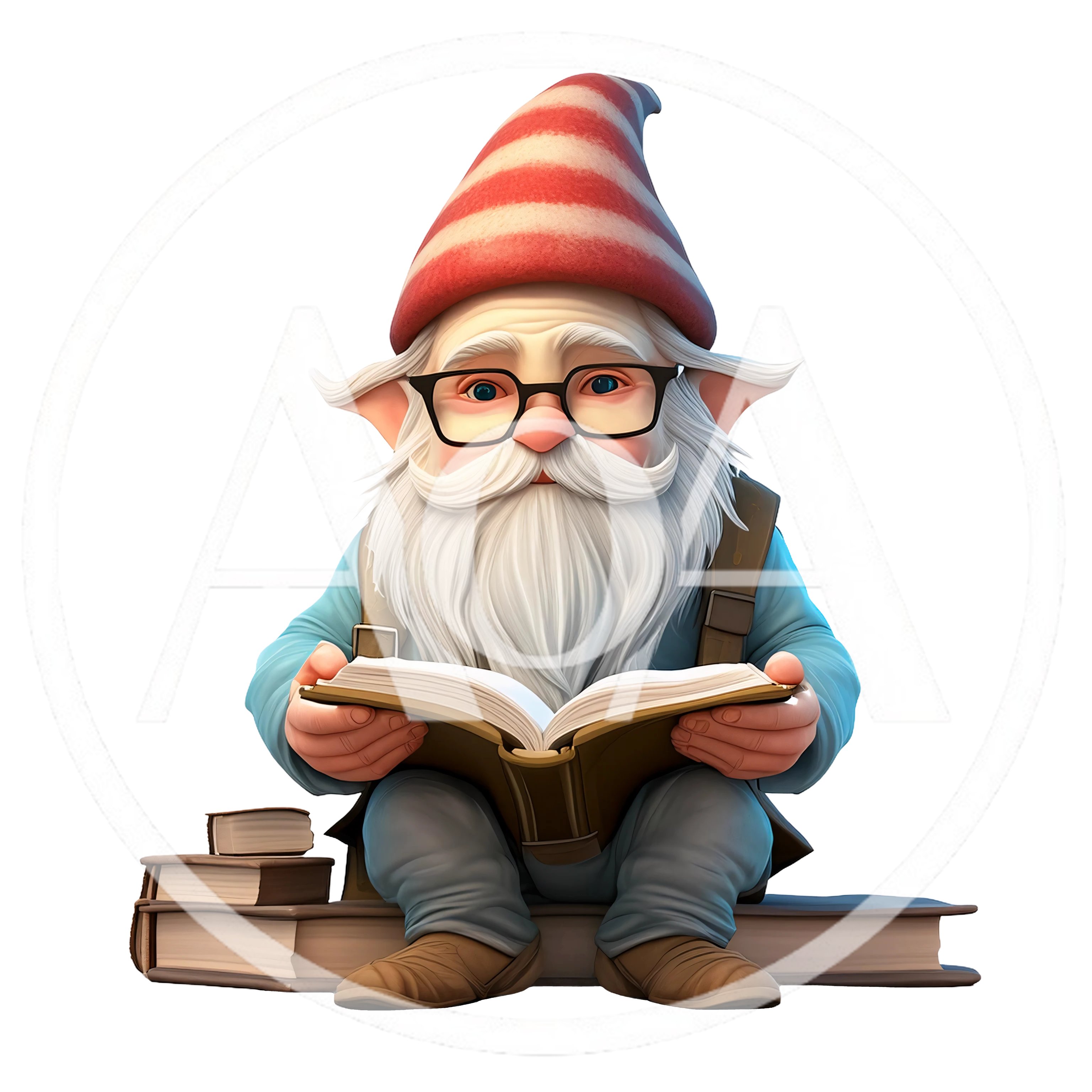 Garden Gnome Reading A Book While Sitting On Stacked Books