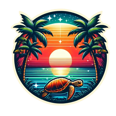 Retro Synthwave Style Sea Turtle Tropical Sunset Illustration