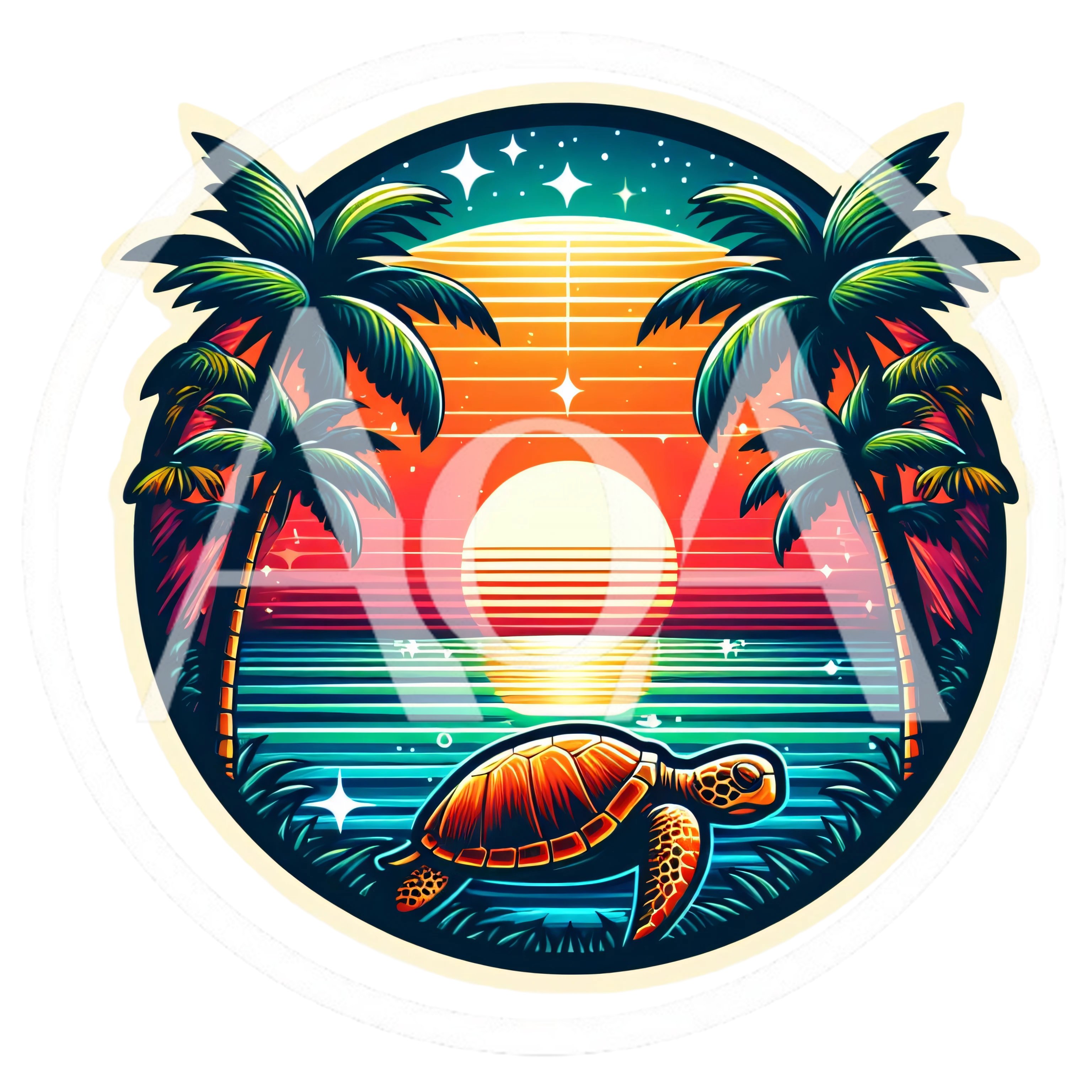 Retro Synthwave Style Sea Turtle Tropical Sunset Illustration