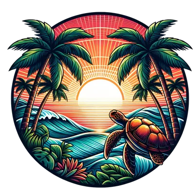 Sea Turtle Swimming Near Tropical Beach At Sunset