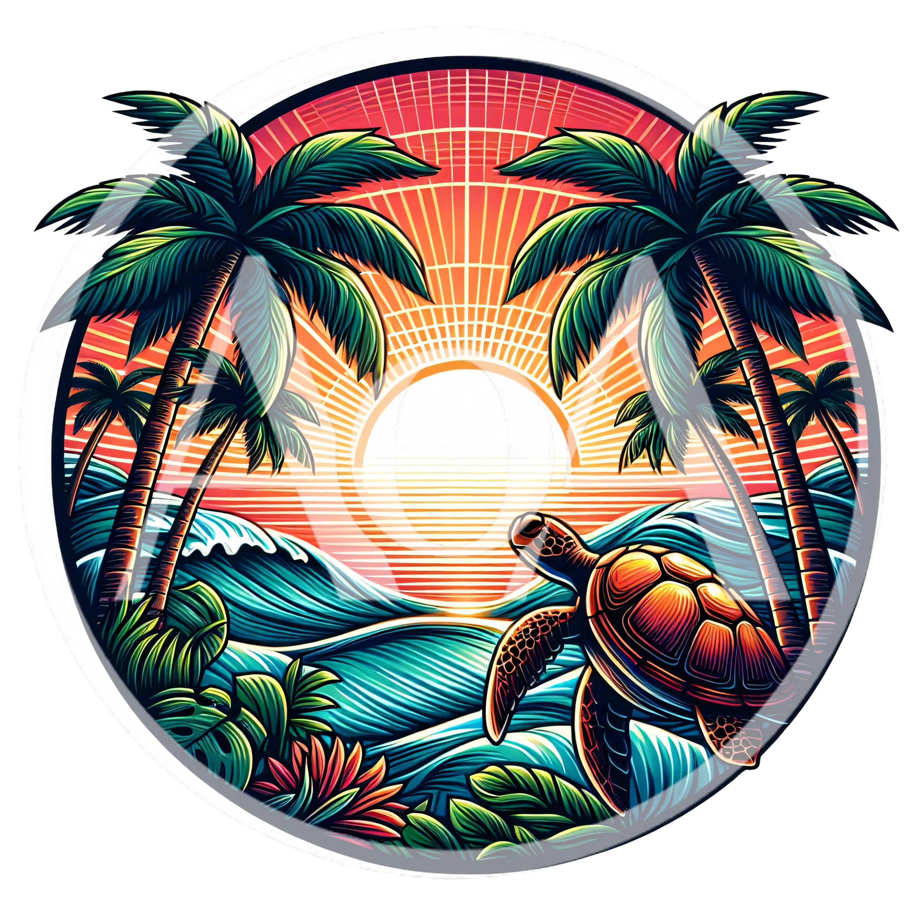 Sea Turtle Swimming Near Tropical Beach At Sunset