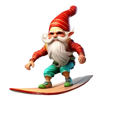 Surfing Garden Gnome Character Isolated On White