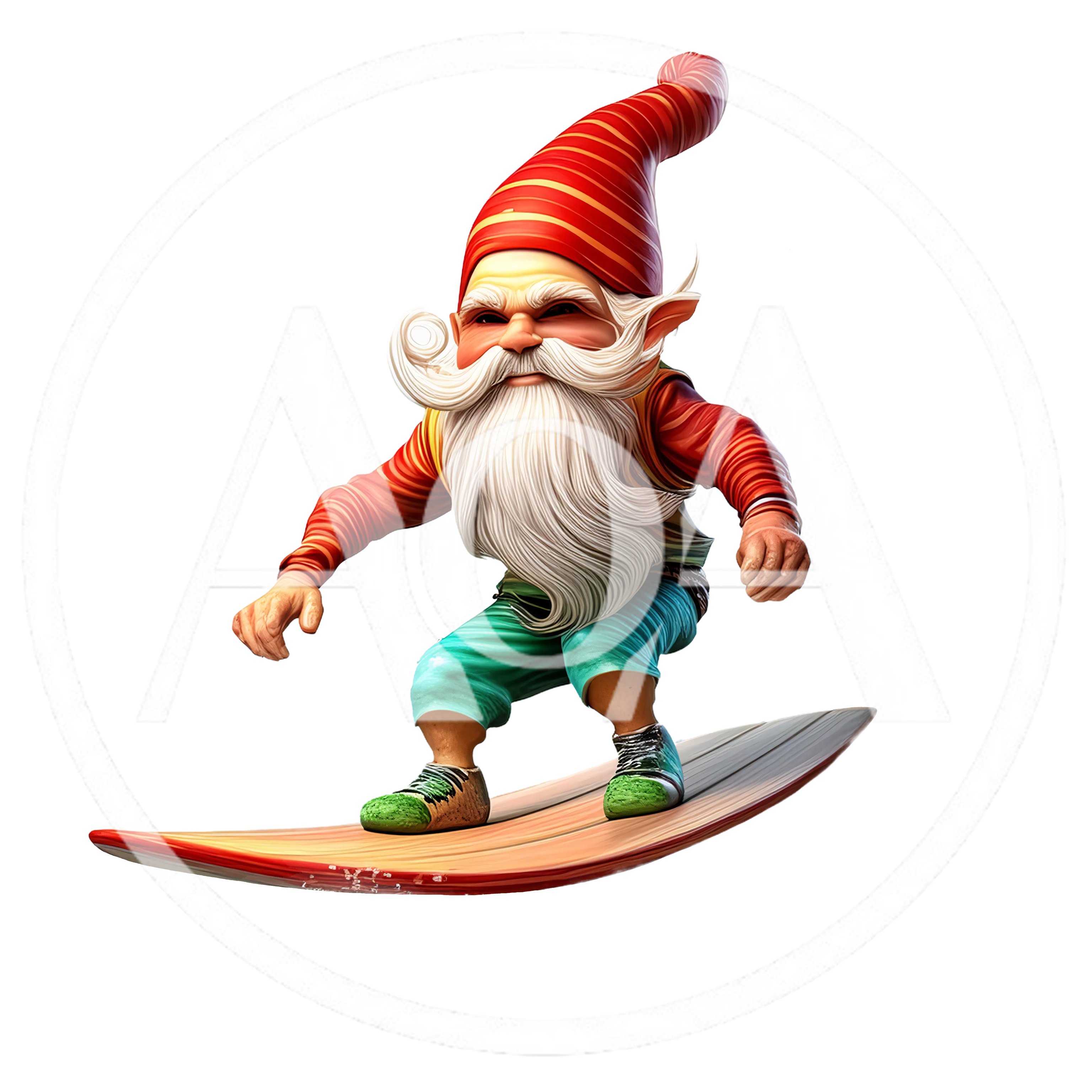Surfing Garden Gnome Character Isolated On White