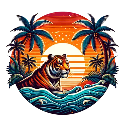 Tiger Swimming In Tropical Ocean At Sunset