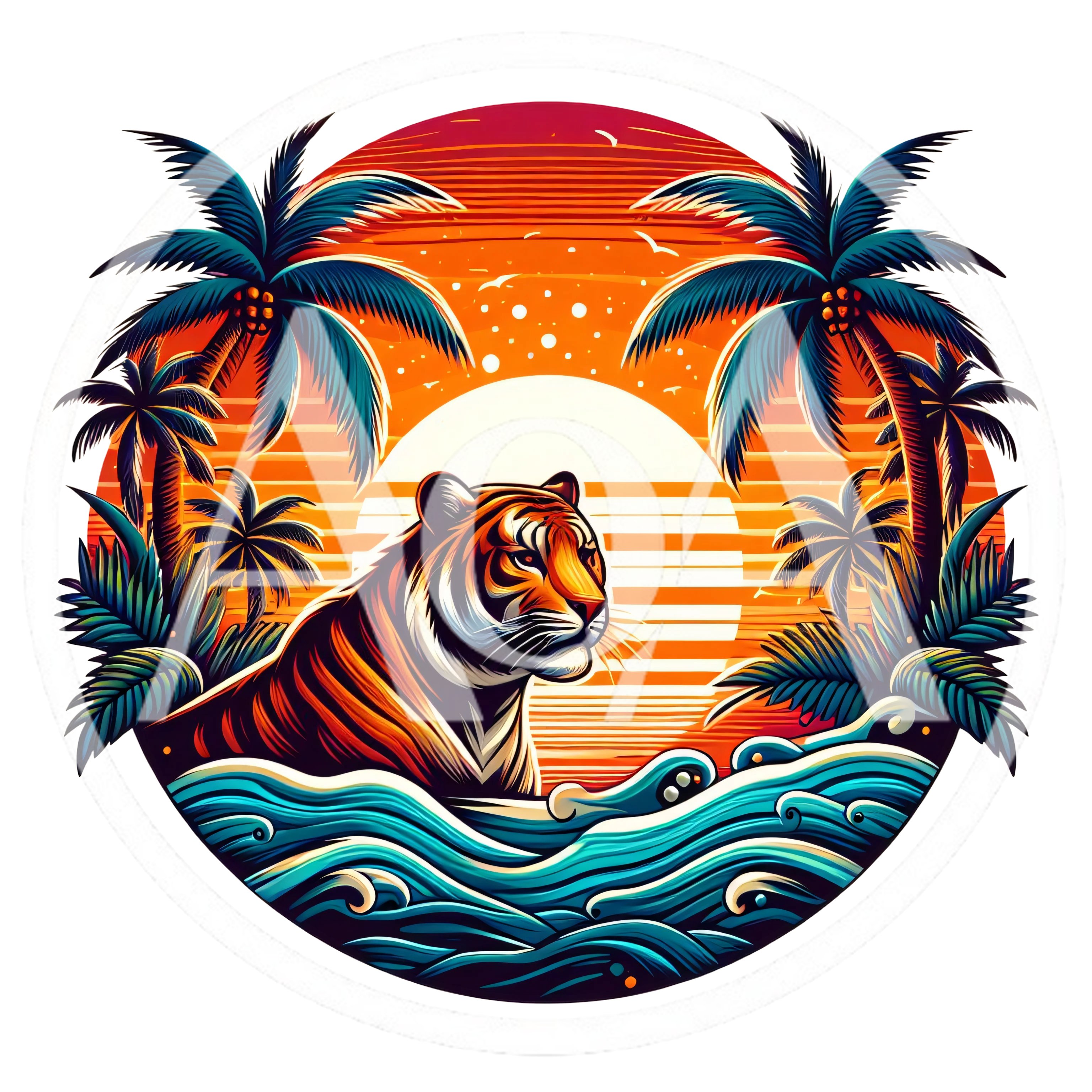 Tiger Swimming In Tropical Ocean At Sunset