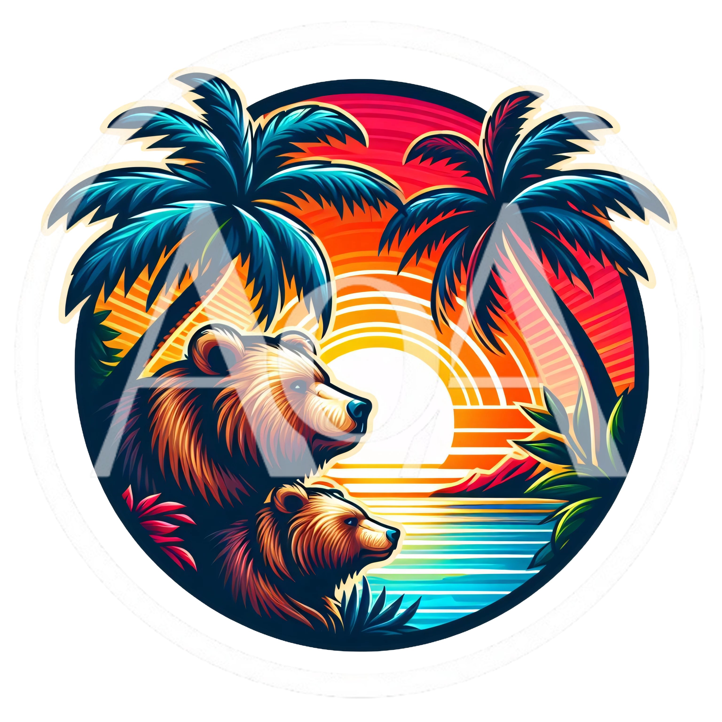 Two Grizzly Bears In A Tropical Sunset Illustration