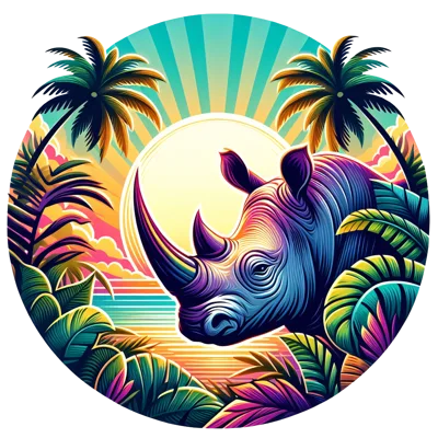 Vibrant Stylized Rhino Portrait In Tropical Sunset Setting