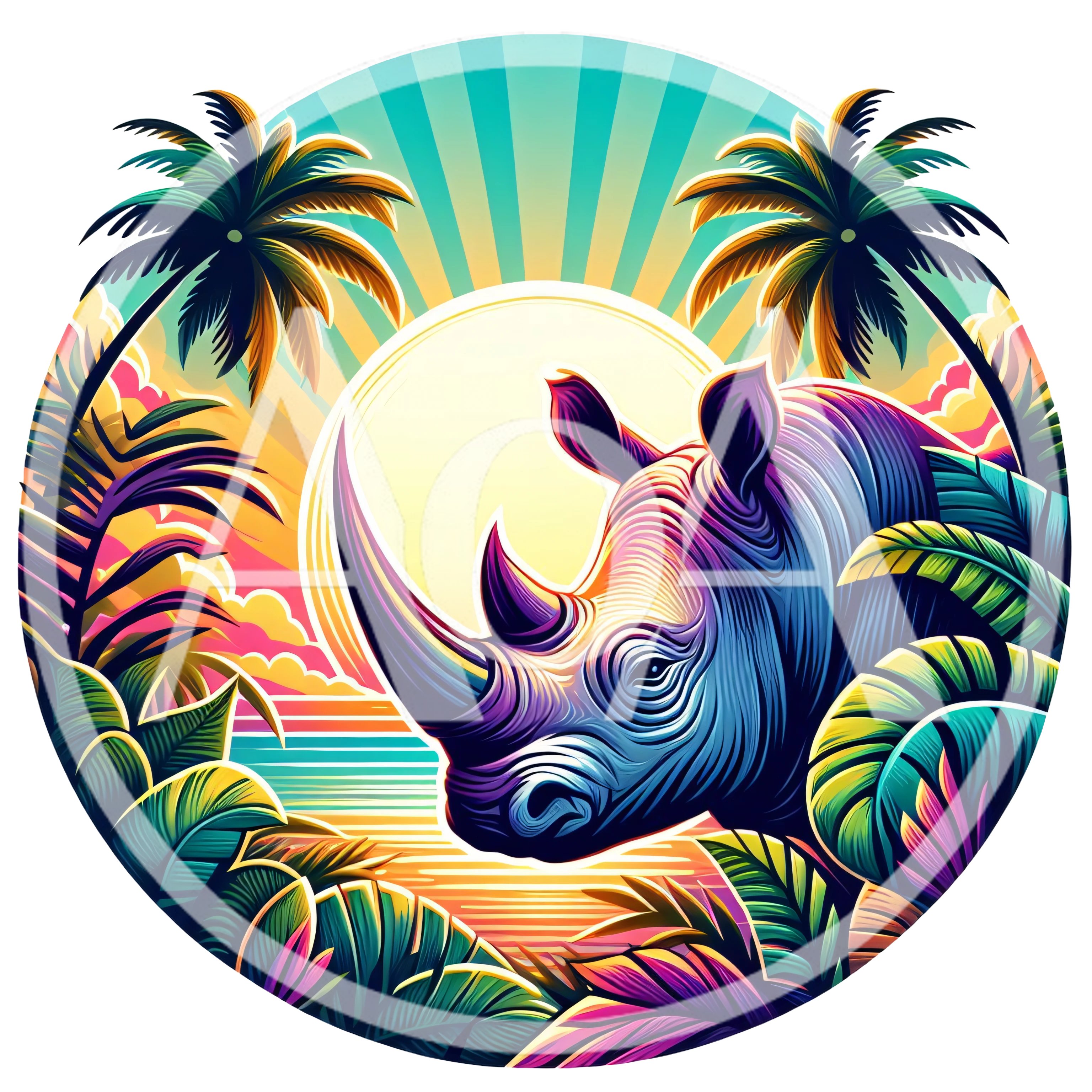 Vibrant Stylized Rhino Portrait In Tropical Sunset Setting