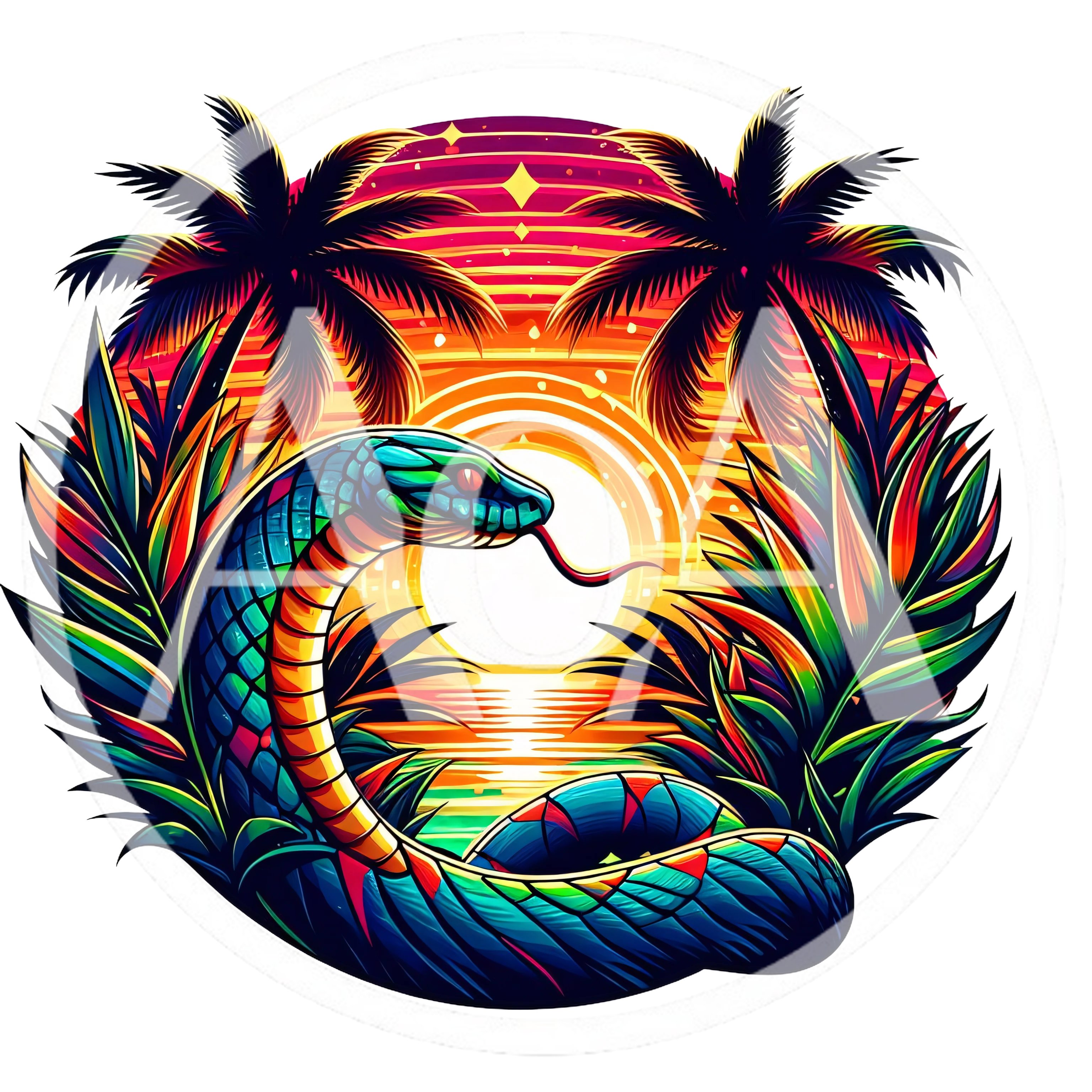 Vibrant Tropical Snake Illustration With Sunset Background